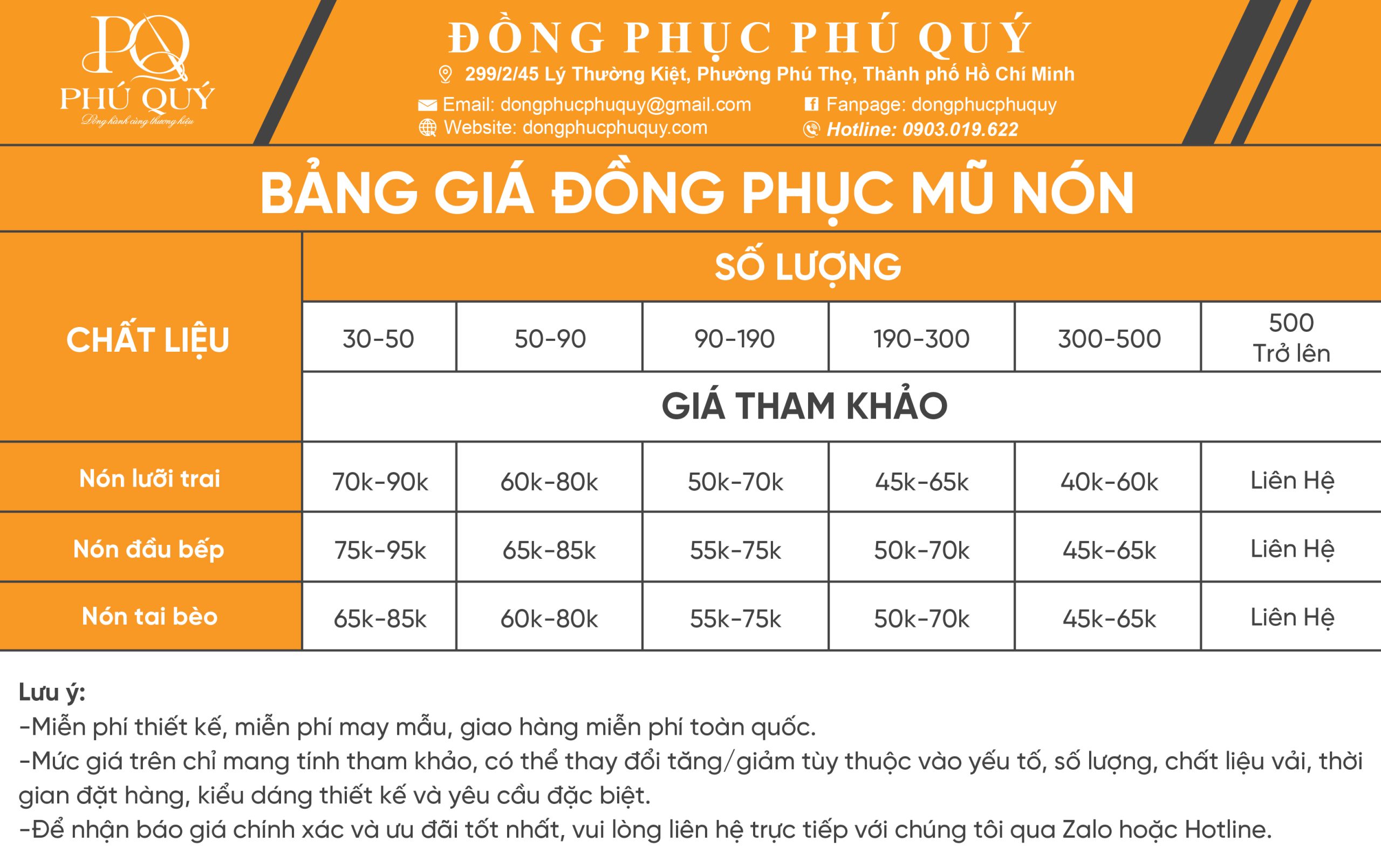 Bảng giá đồng phục mũ nón