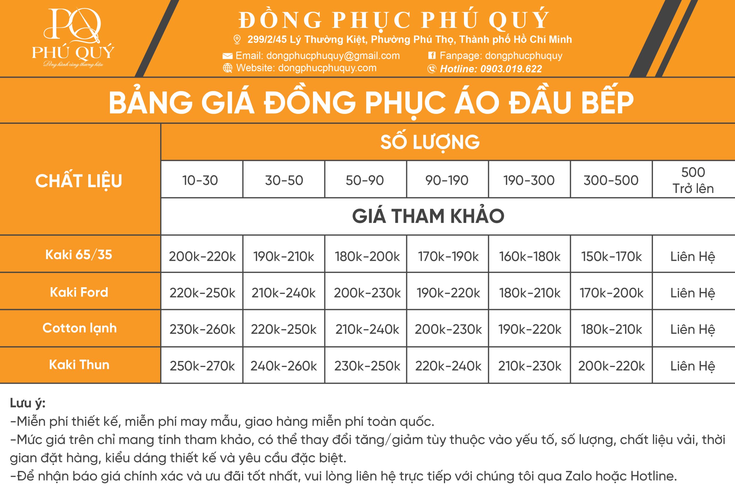 Bảng giá áo đồng phục đầu bếp
