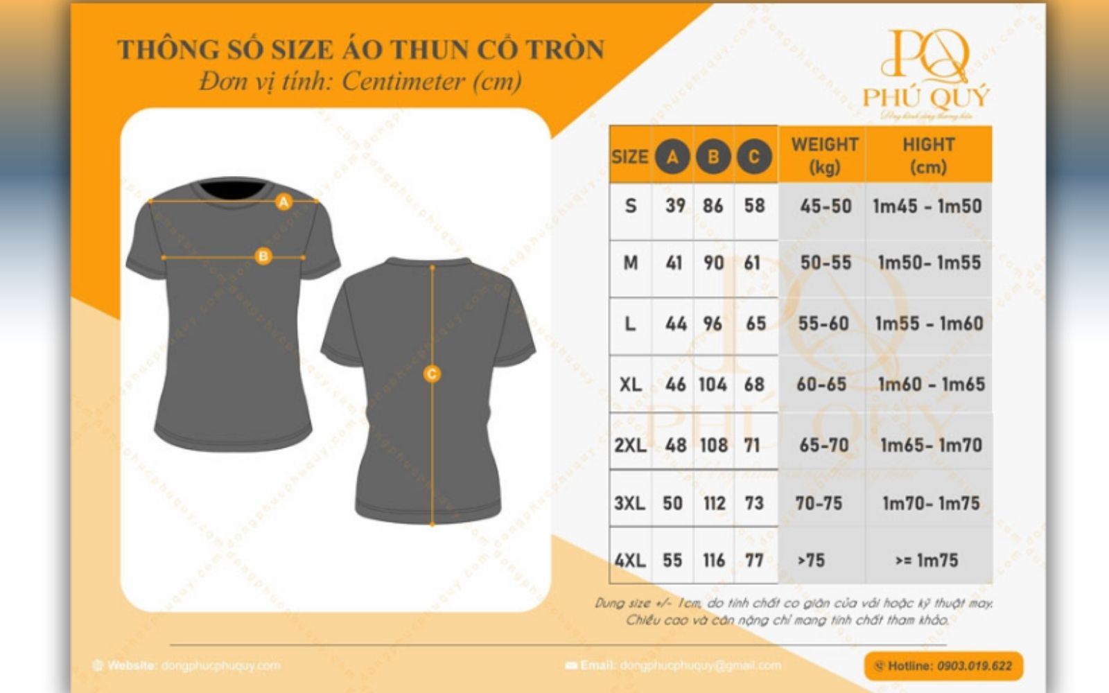 Bảng size may đồng phục khách sạn chuẩn