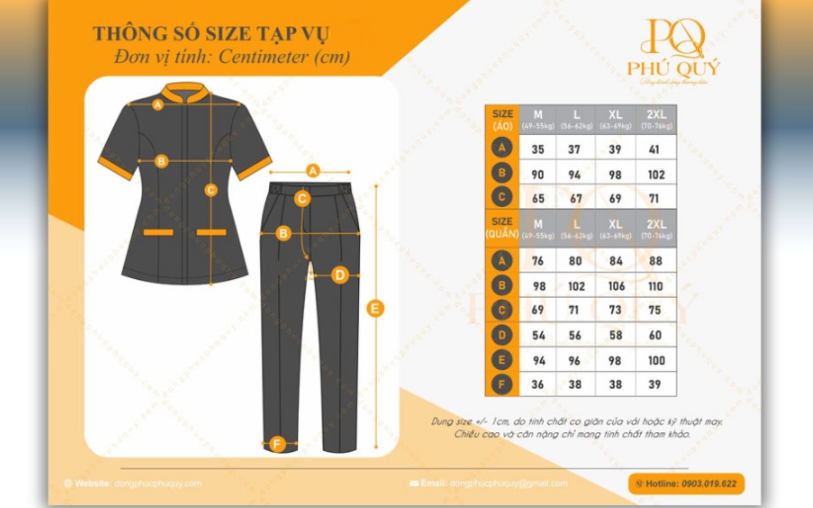 Bảng size đồng phục nhân viên spa