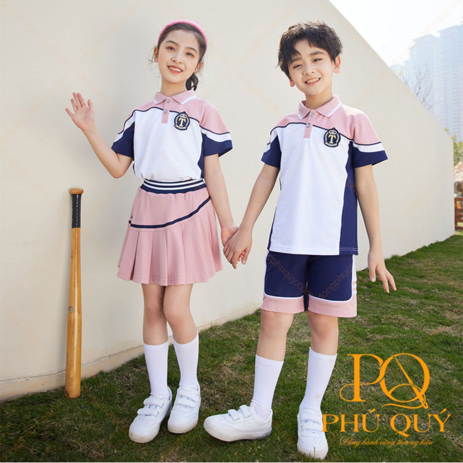 Đồng phục học sinh cấp 1 tone hồng trắng
