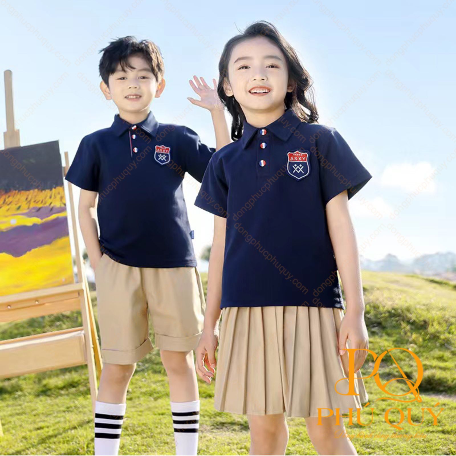 Đồng phục học sinh cấp 1 xanh navy quần váy chất kaki