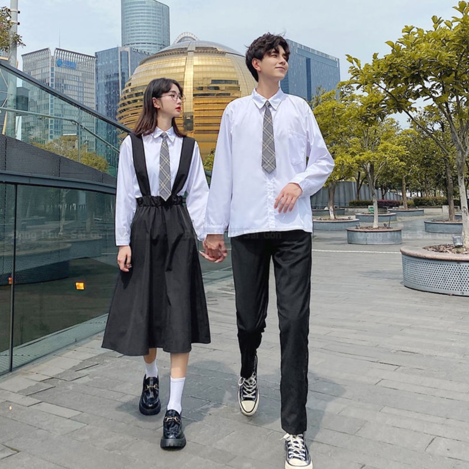 Đồng phục học sinh cấp 2 áo sơ mi quần âu váy có dây đeo