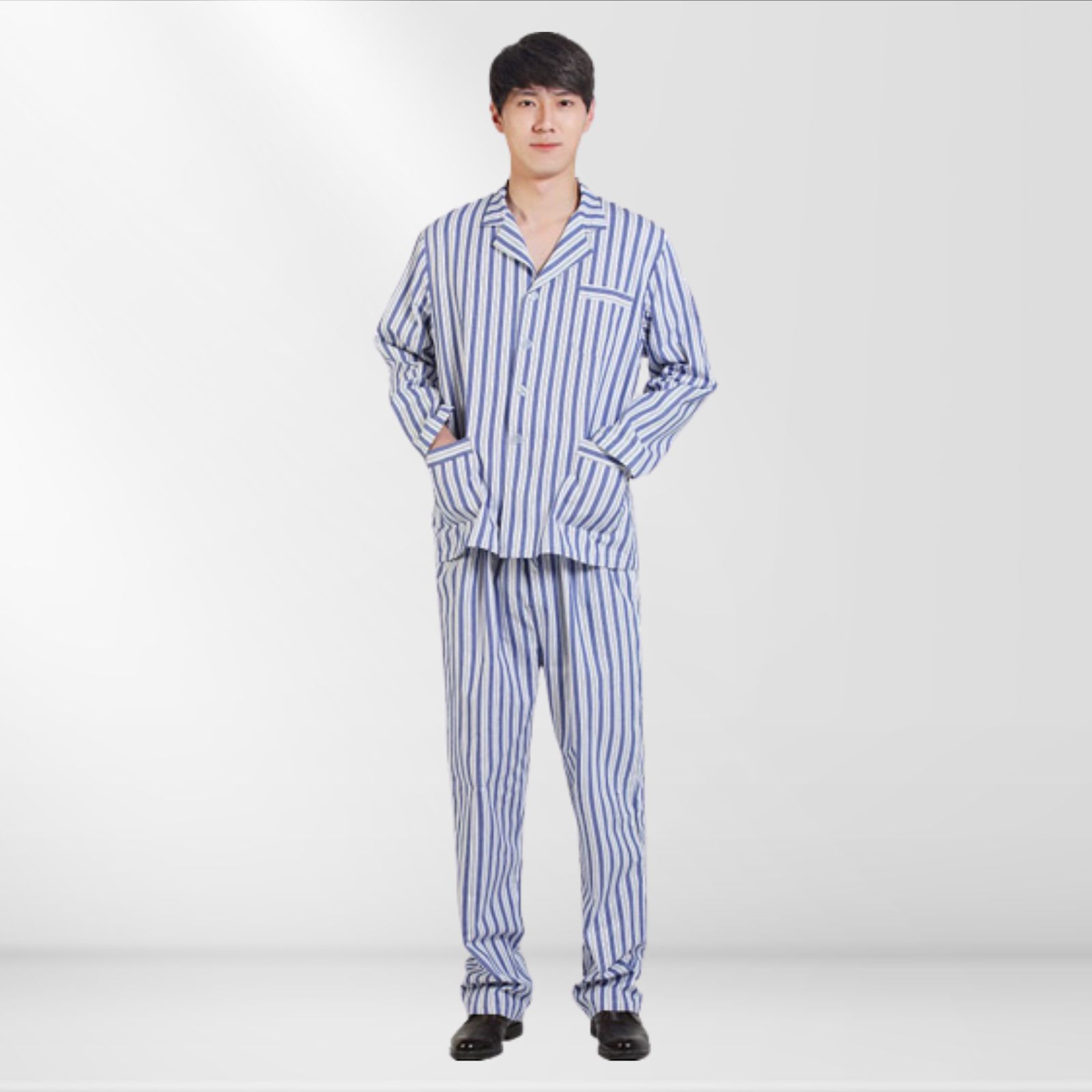 mẫu đồng phục bệnh nhân nam dáng suông, kẻ sọc trắng mẫu đồng phục bệnh nhân nam dáng suông, kẻ sọc trắng
