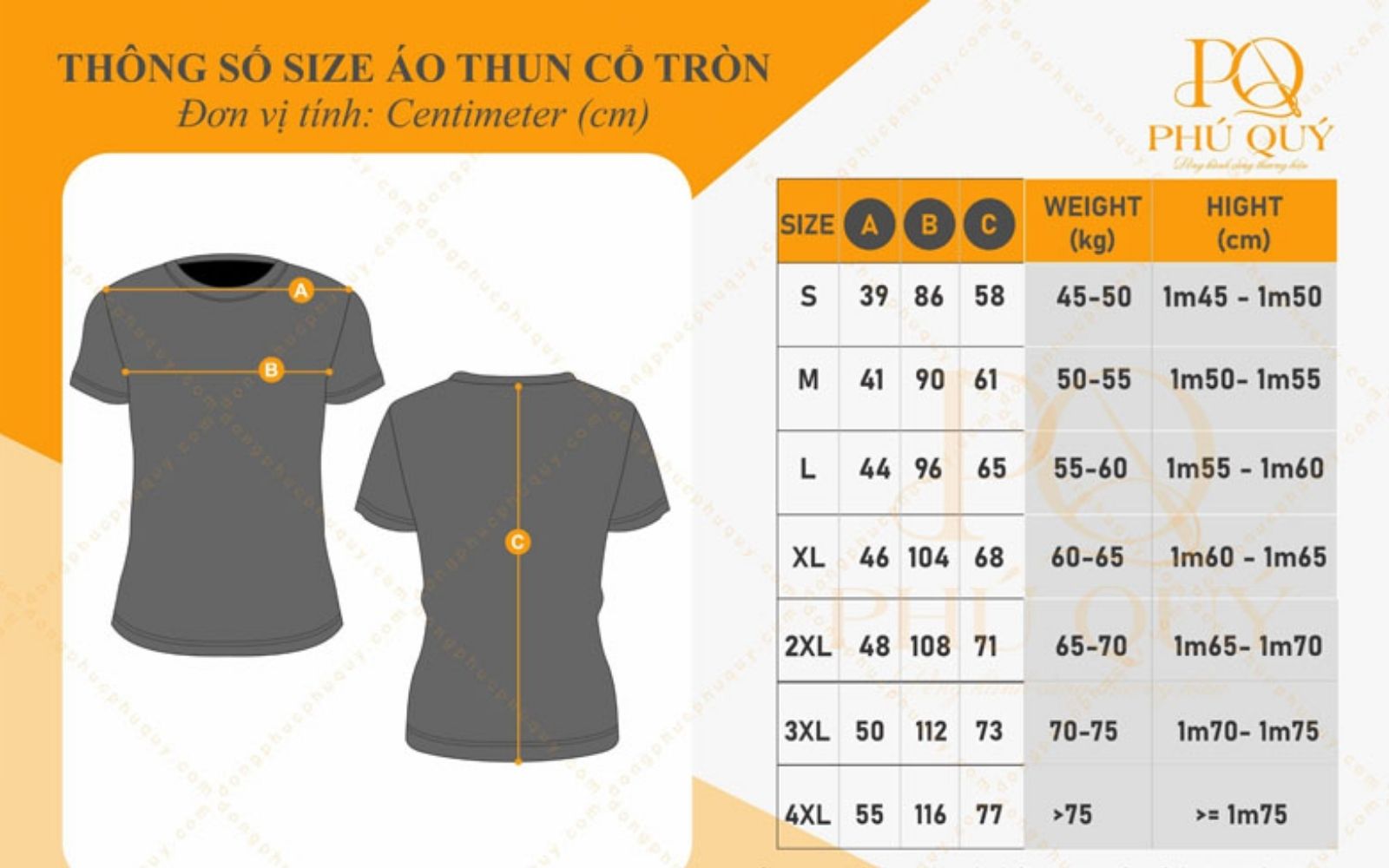 Bảng size đồng phục áo thun
