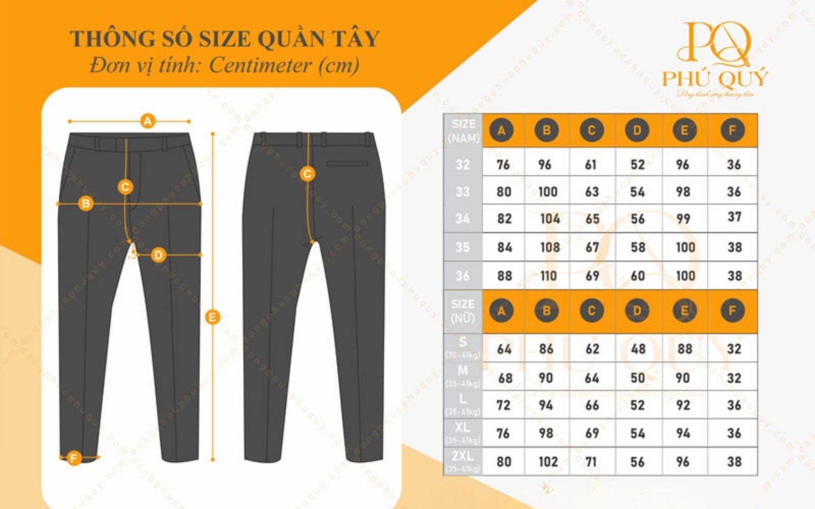 Bảng size đồng phục quần tây