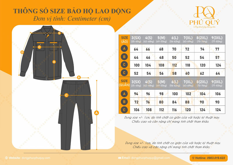 Bảng size đồng phục quần áo bảo hộ lao động