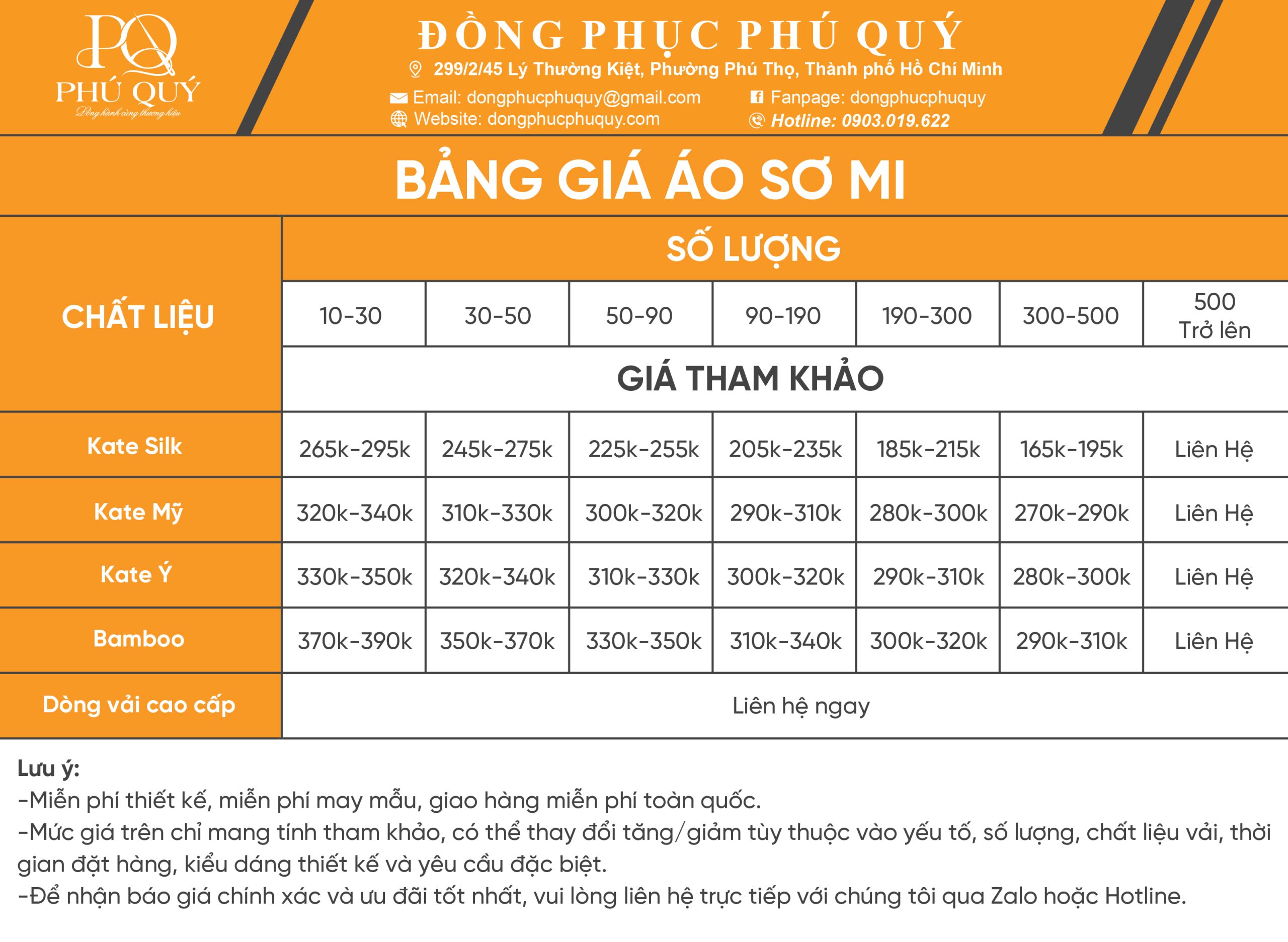 Bảng giá áo sơ mi