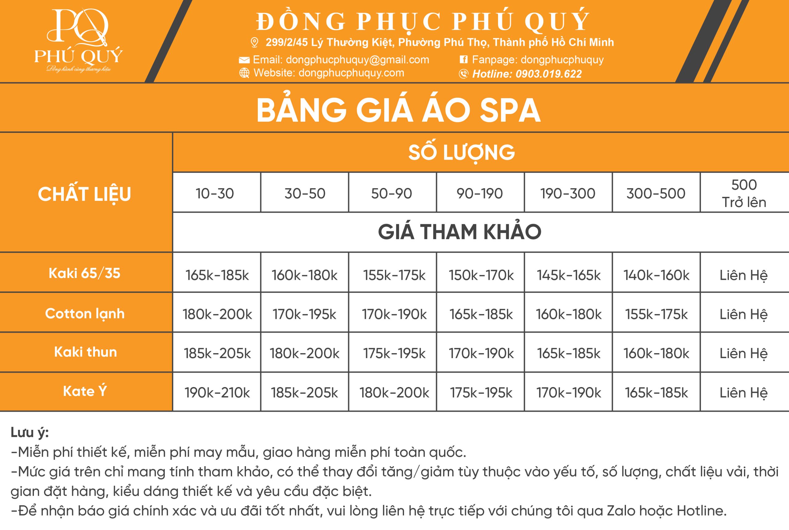 BẢNG GIÁ ÁO SPA