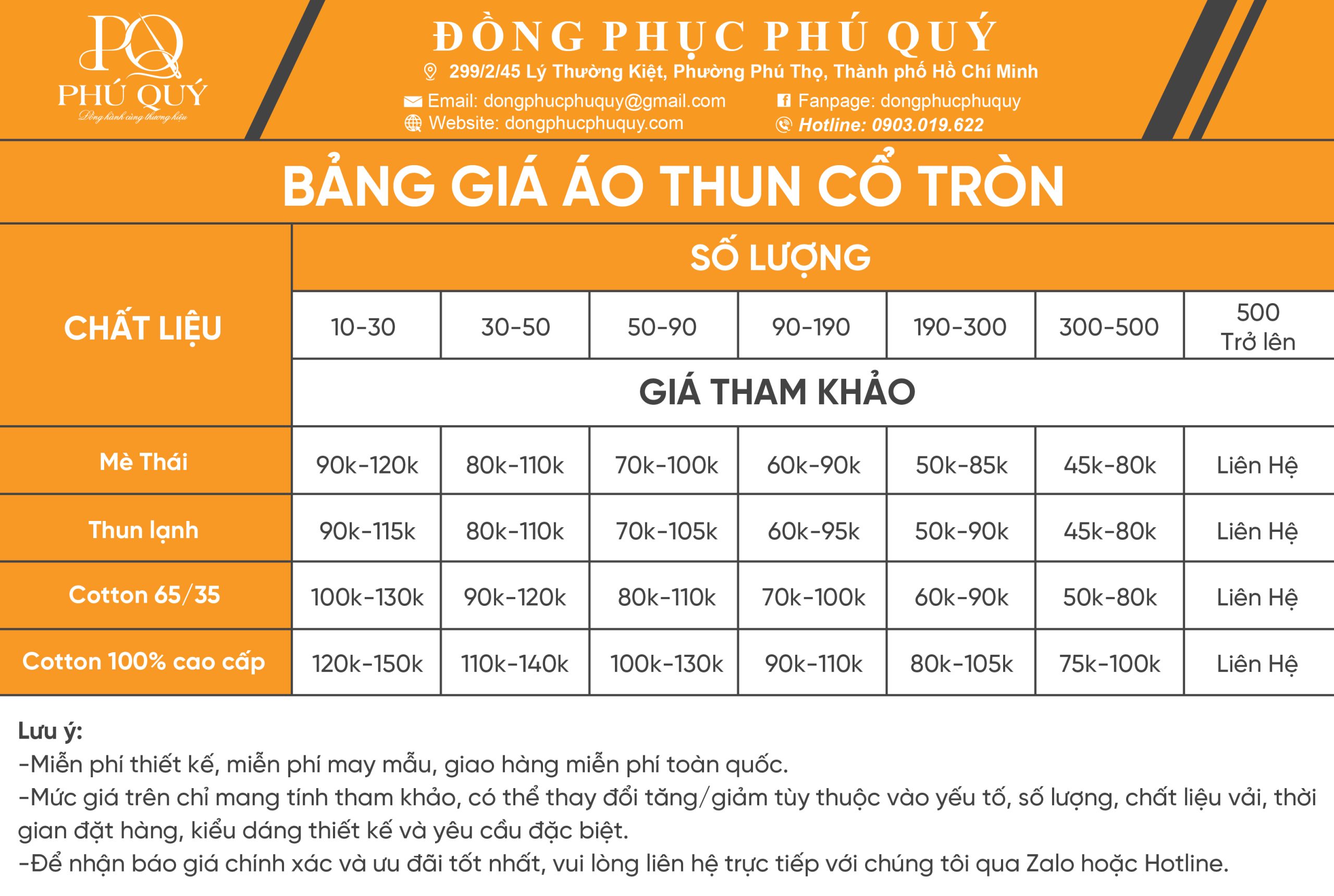 BẢNG GIÁ ÁO THUN CỔ TRÒN