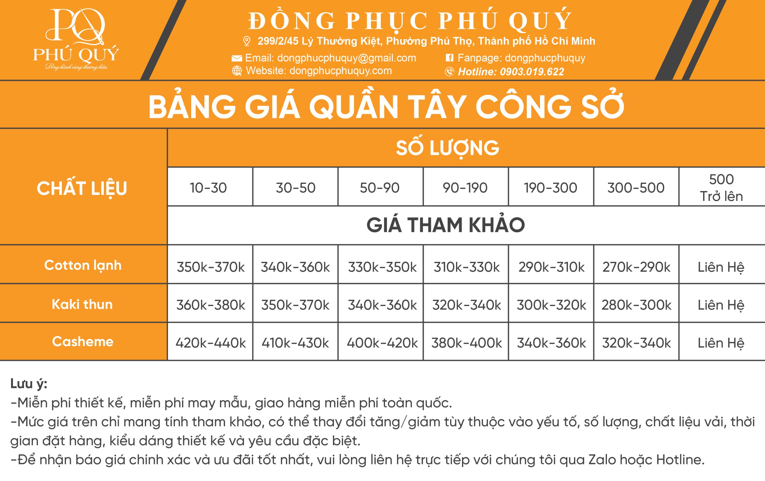 BẢNG GIÁ QUẦN TÂY CÔNG SỞ