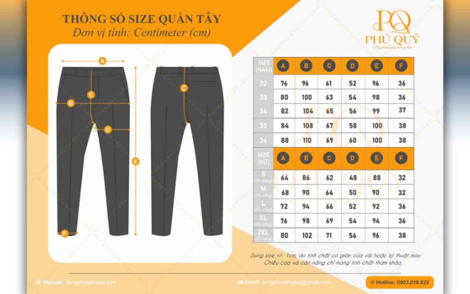 bảng size đồng phục quần tây