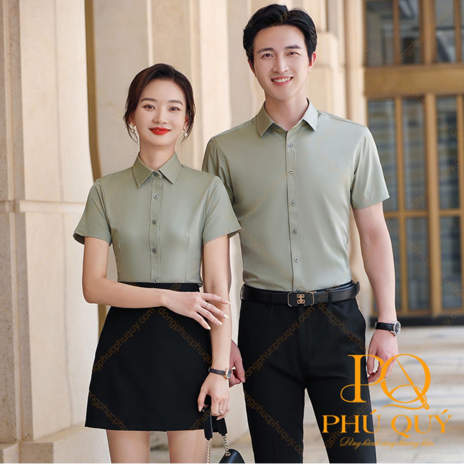 Đồng phục lễ tân áo sơ mi tay lỡ phối quần tây