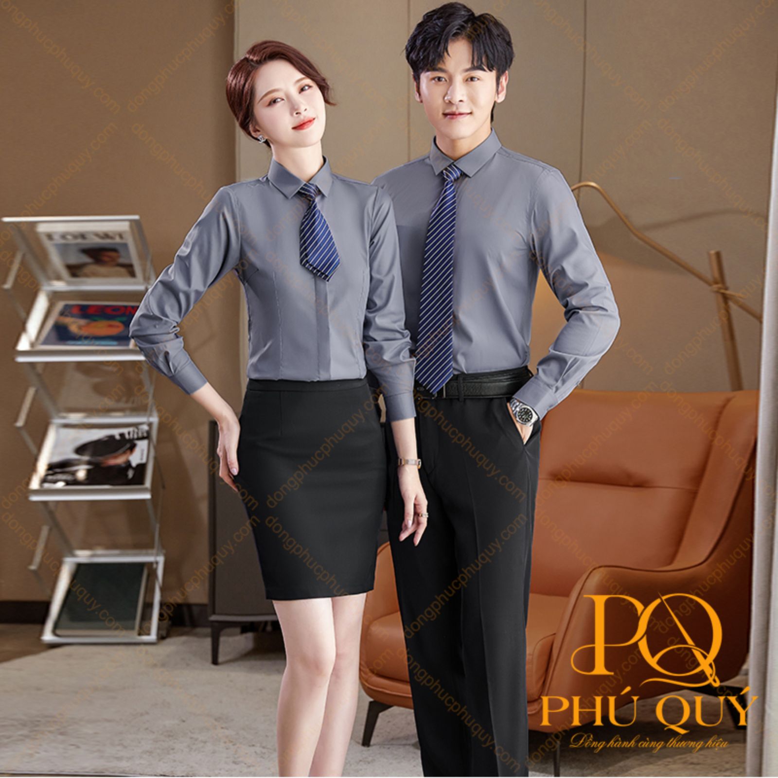 Đồng phục lễ tân sơ mi váy quần tây phối cà vạt