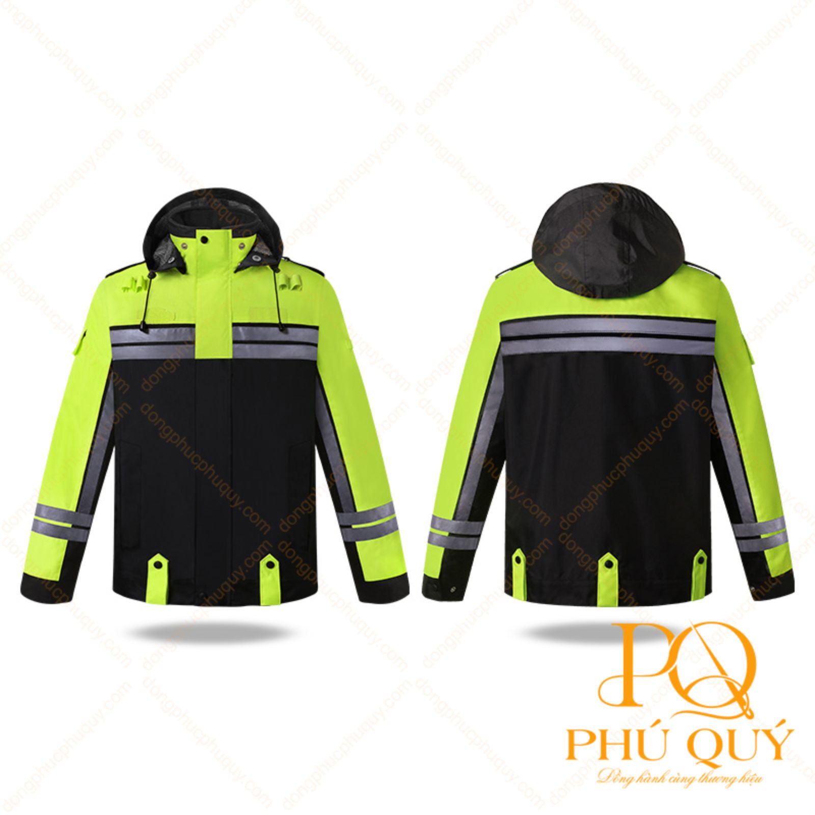 Mẫu áo khoác phản quang công nhân cổ trụ, tay dài kèm mũ tiện dụng