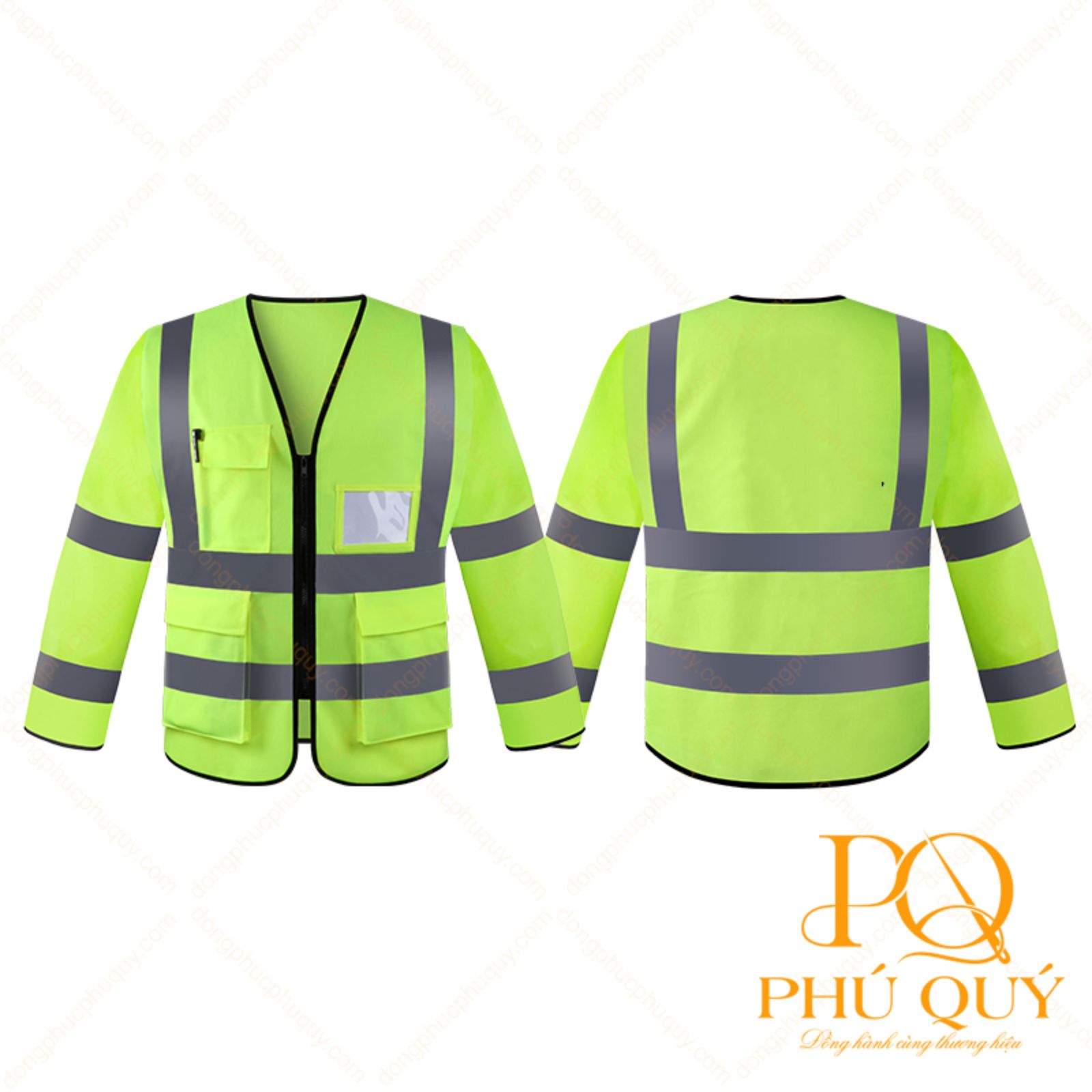 Mẫu áo phản quang công nhân tay dài, cổ chữ V, thiết kế khóa kéo và túi hộp tiện dụng