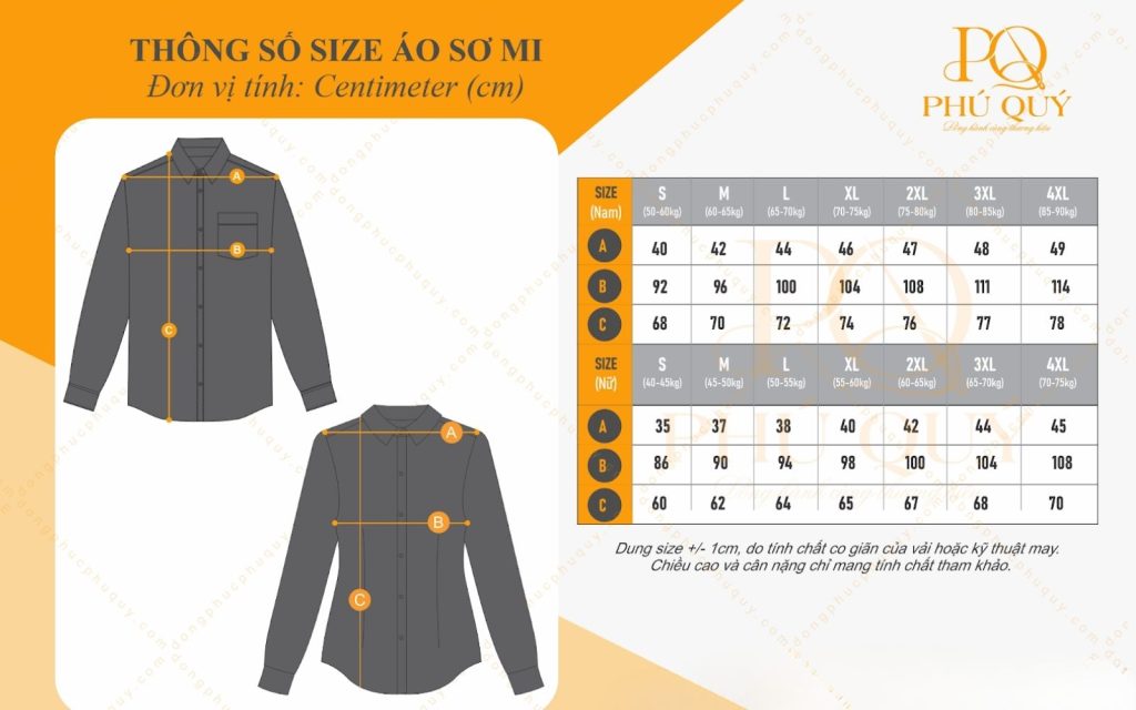 Bảng size áo sơ mi nam nữ công sở