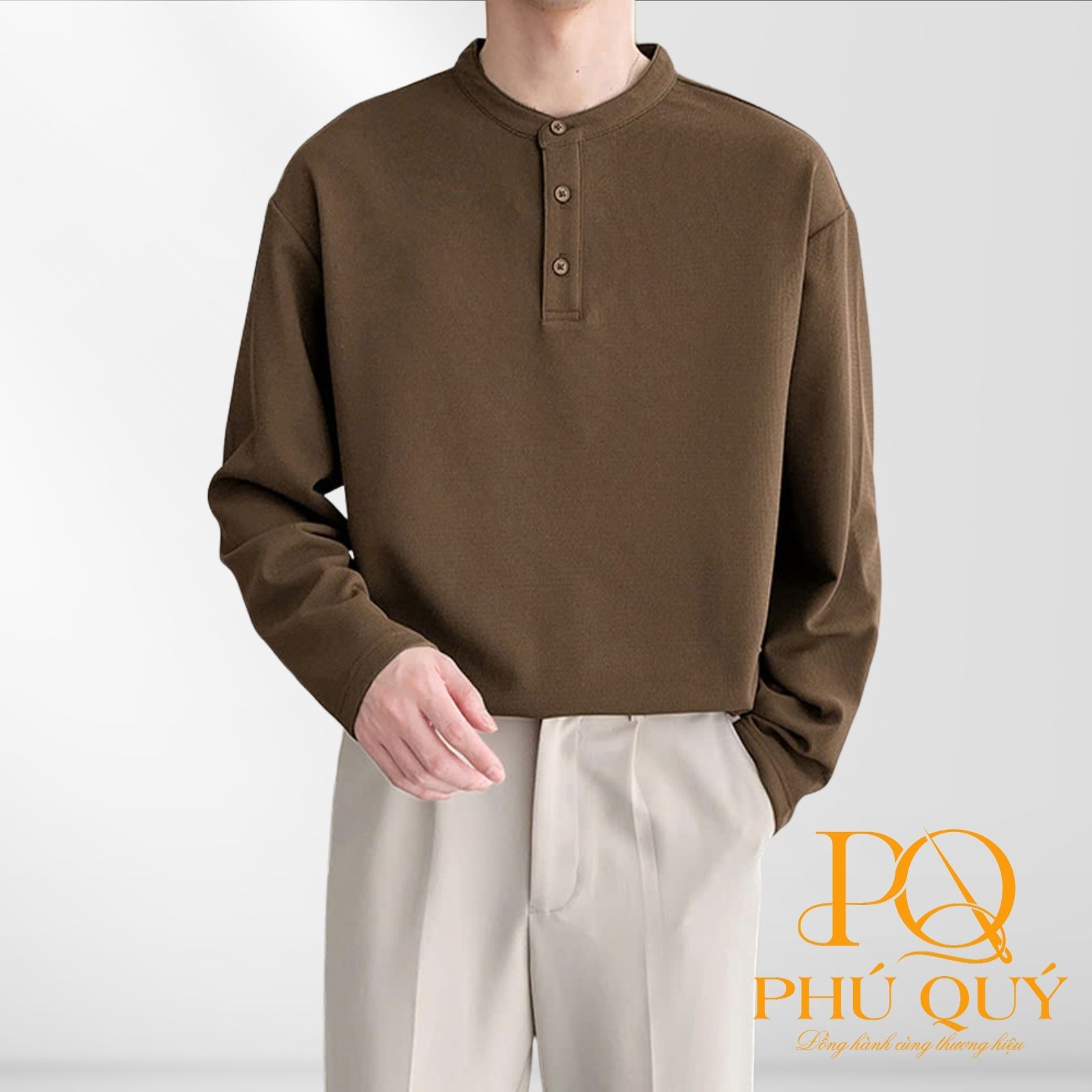Mẫu áo thun cổ tàu cao cấp màu nâu tay dài