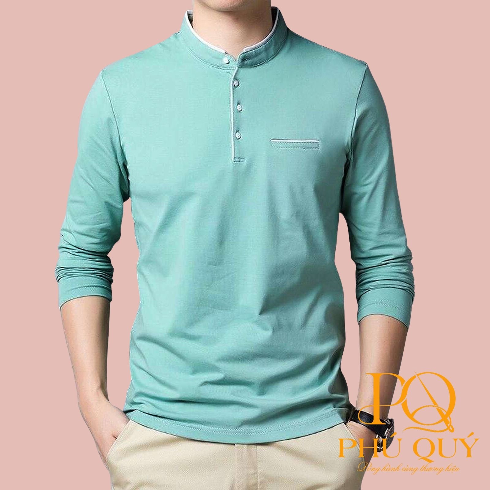 Mẫu áo thun nam dáng cổ tàu dài tay màu xanh ngọc