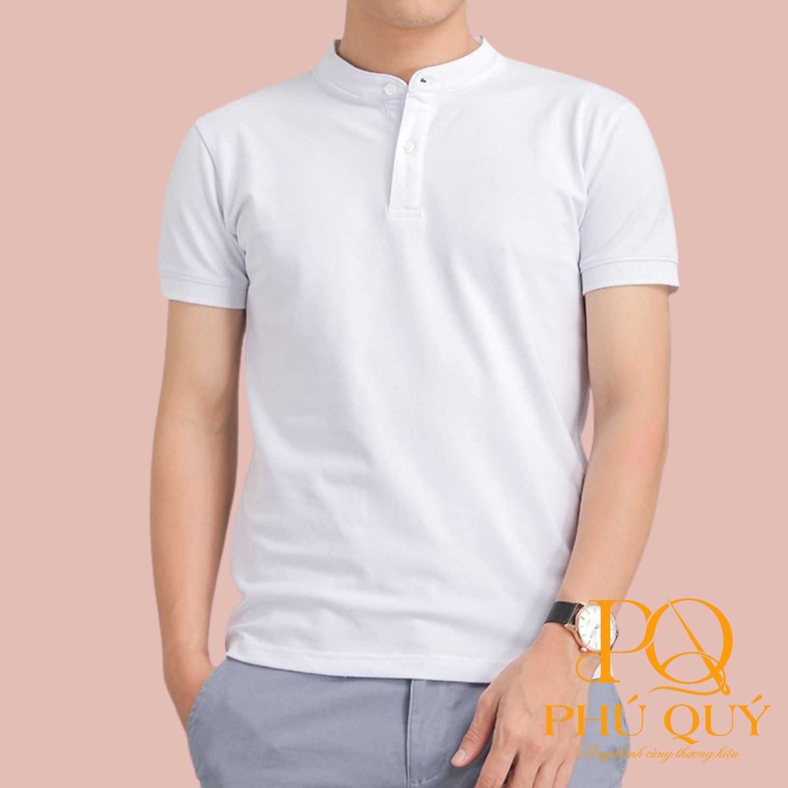 Mẫu áo thun nam cổ tàu tay ngắn màu trắng