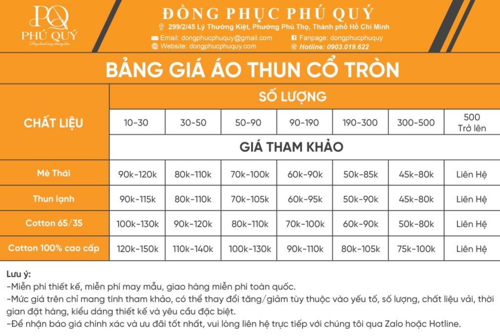 Bảng giá áo thun cổ tròn tại Phú Quý
