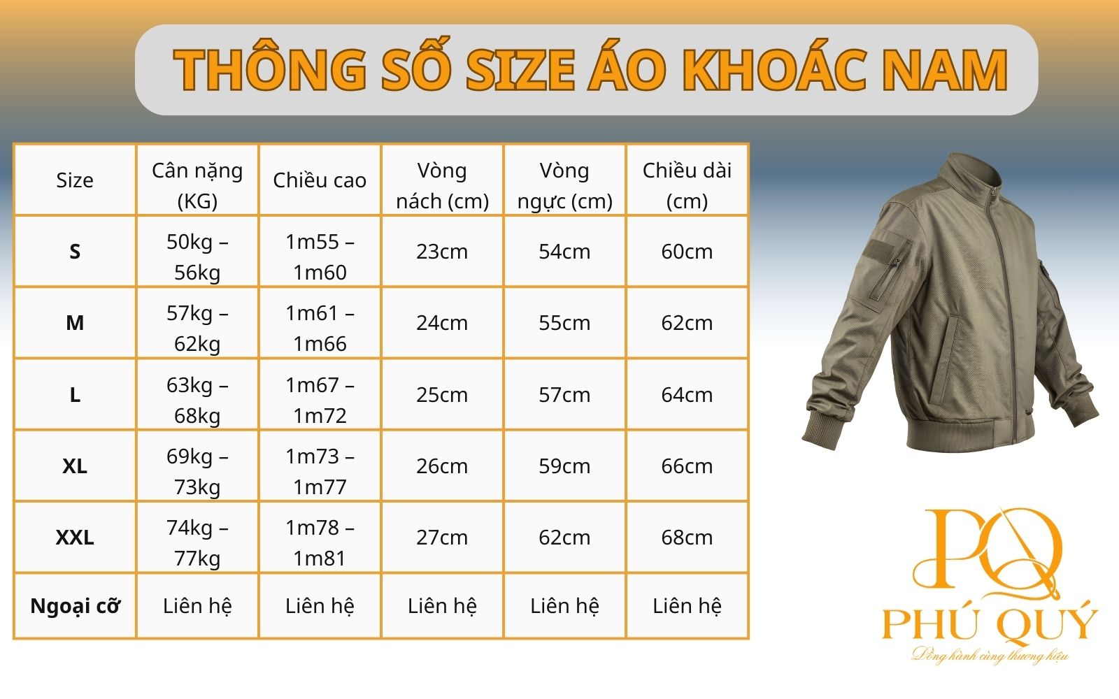 size áo khoác đồng phục cho nam