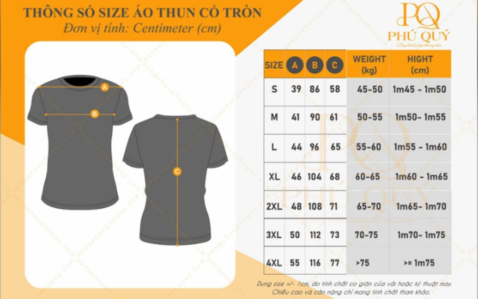 size áo thun đồng phục cổ tròn