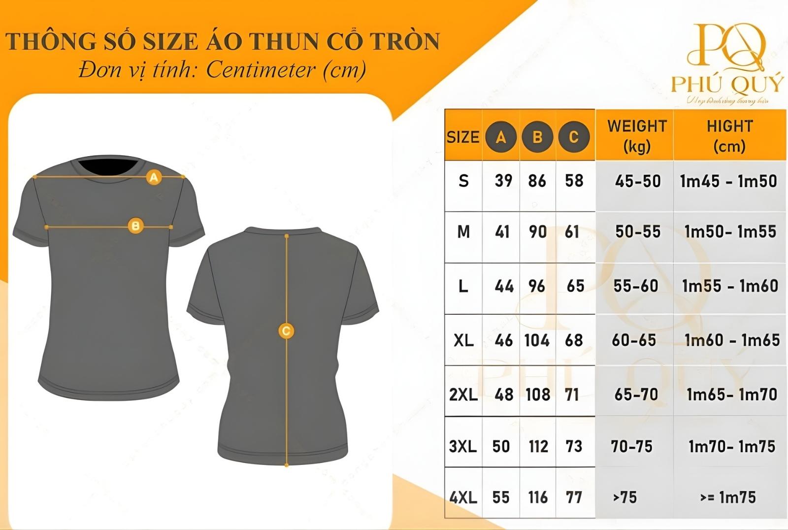 Bảng size đồng phục của GS25 áo thun cổ tròn