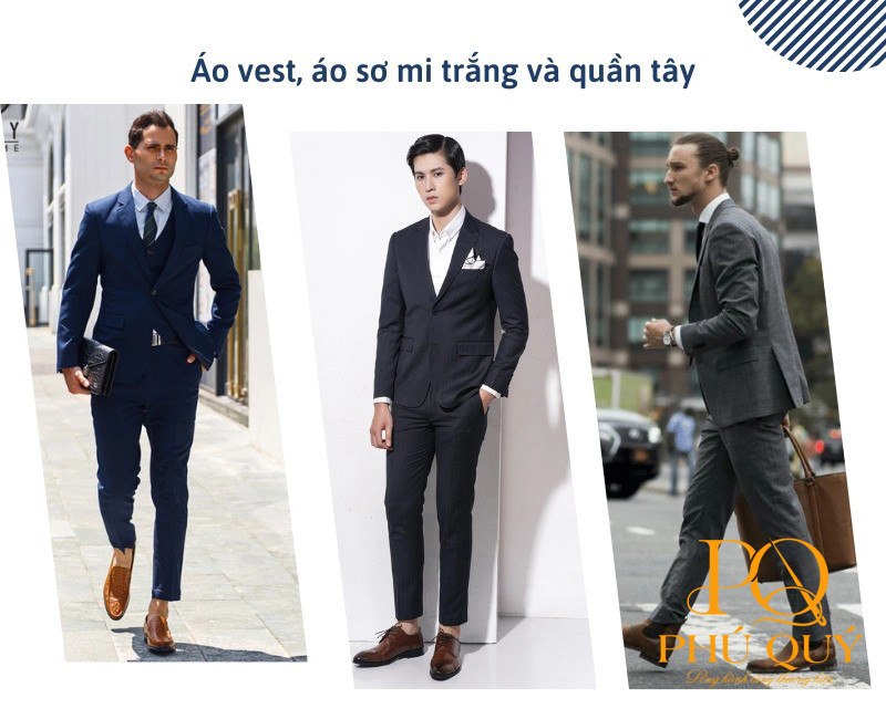Áo vest, sơ mi trắng và quần tây trong bộ đồng phục công sở