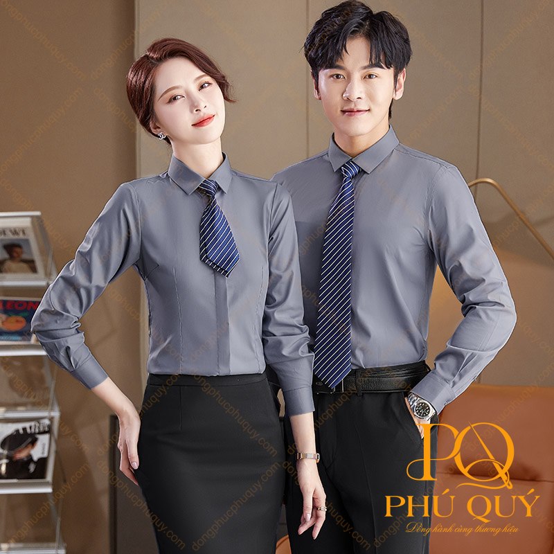 Mẫu áo sơ mi đồng phục công sở màu xám cho nam nữ