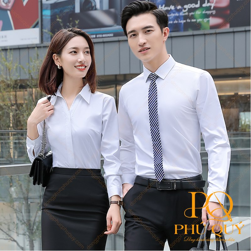 Áo sơ mi đồng phục công sở trắng phối quần tây, chân váy đen