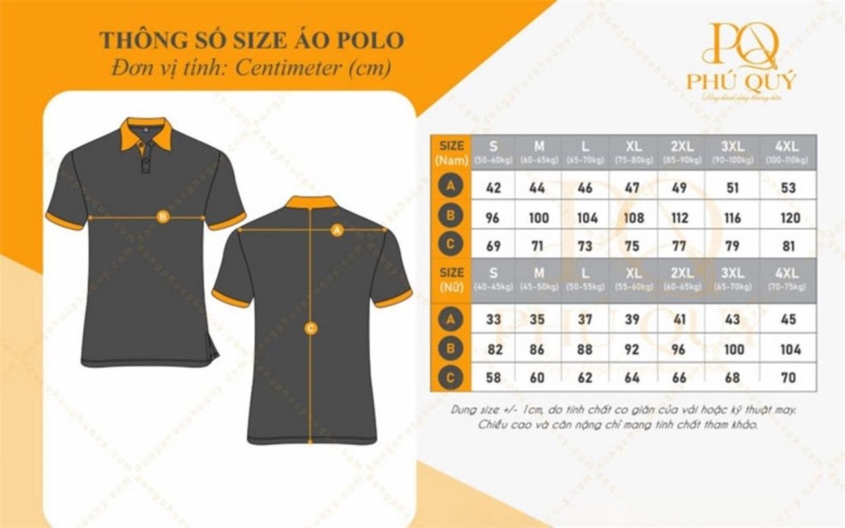 Bảng thông số size áo polo đồng phục công ty theo chiều cao