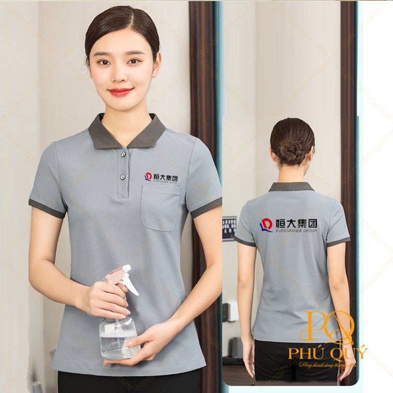 Áo thun đồng phục buồng phòng khách sạn nhìn mặt trước và sau