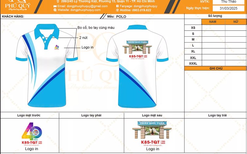 Bản thiết kế áo polo ghi vị trí logo ở mặt trước, mặt sau và tay áo
