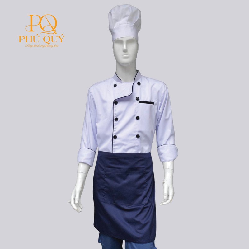 Áo đầu bếp trắng tay dài hai hàng nút mặc với tạp dề xanh navy